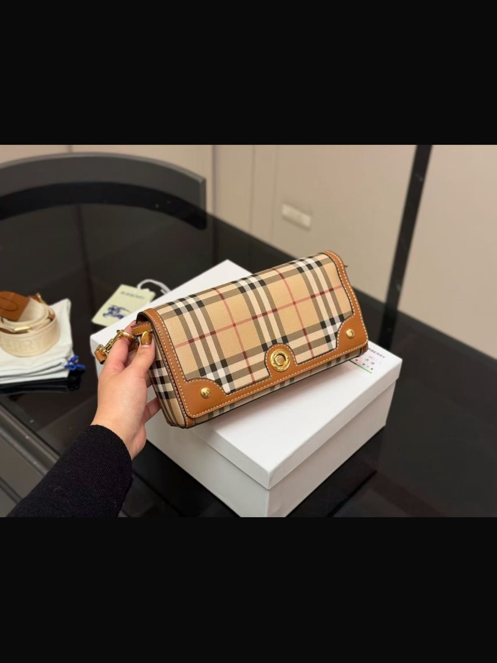 Plaid Crossbody Shoulder Bag in Tan Leather Trim